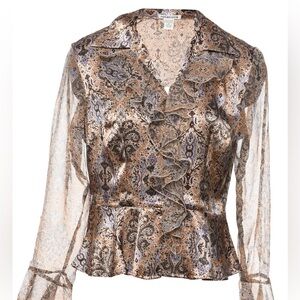 Notations Paisley Ruffle Blouse XL Sheer Y2K Boho Bell Sleeve Top